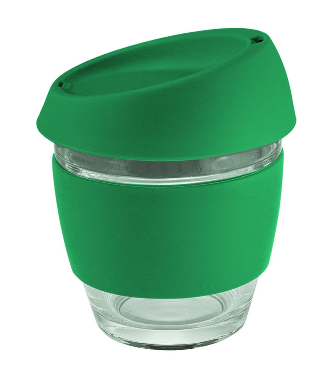 A glass coffee cup with a green silicon lid and band, designed for drinkware use.