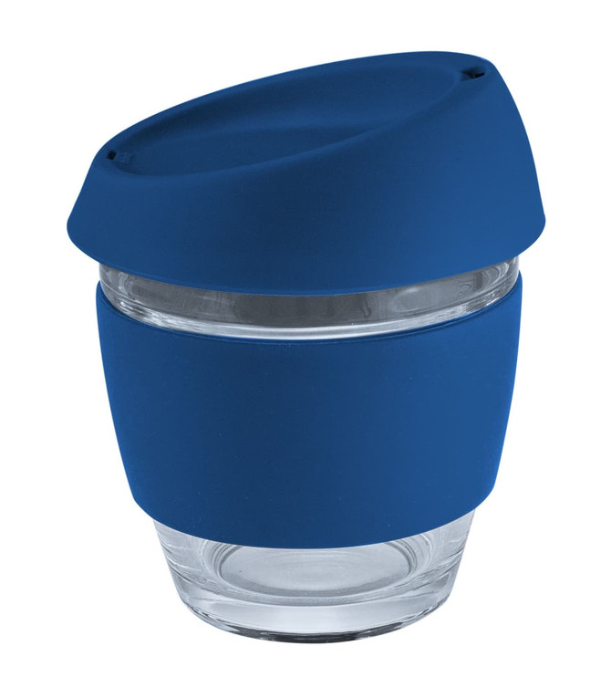A glass coffee cup in blue with a silicone lid and band, featuring a logo. Holds 240ml.