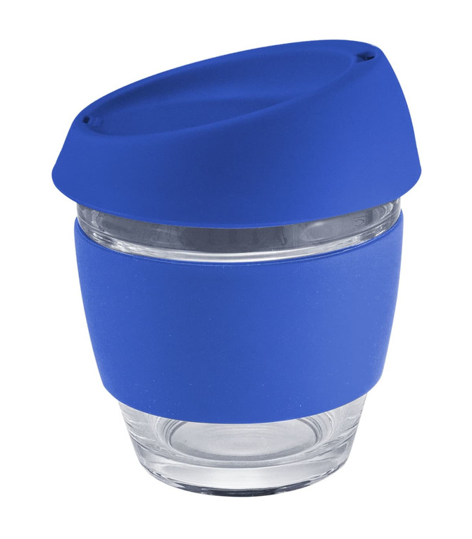 A glass coffee cup with a blue silicone lid and band, featuring a clear glass body and a logo.