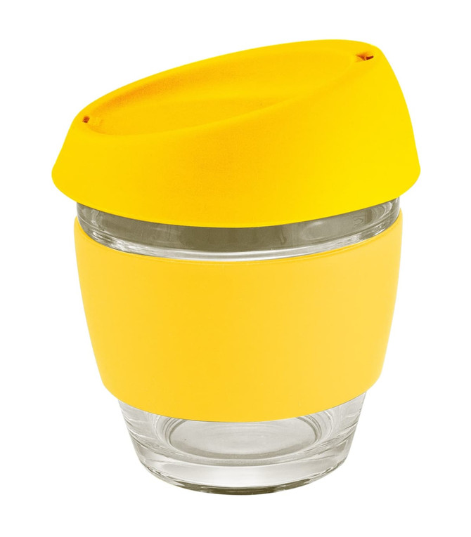 A drink cup in transparent glass with a yellow silicone lid and band, designed for coffee and beverages.