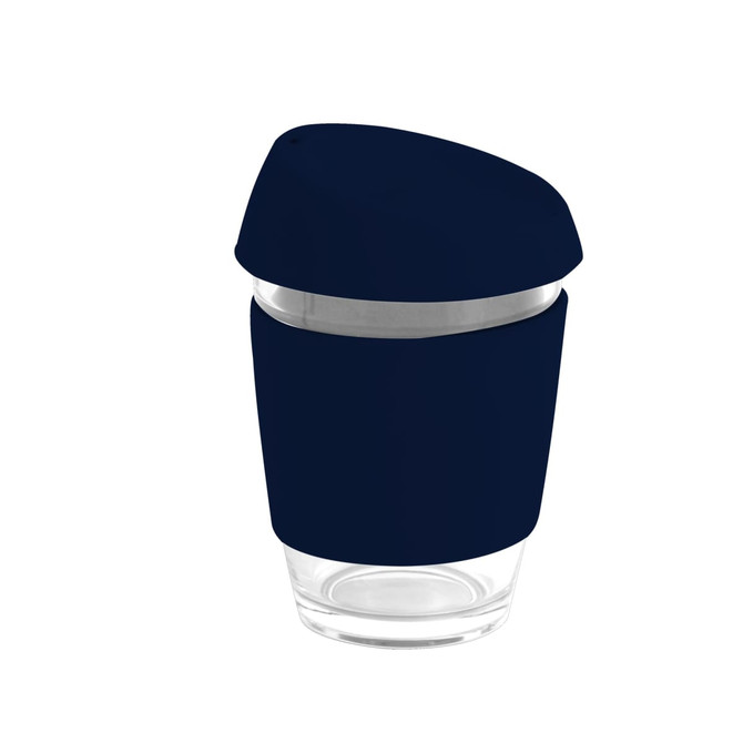 A reusable glass coffee cup in navy blue with a silicone lid and band, featuring a logo.