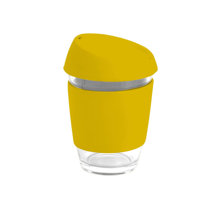 A reusable glass coffee cup in bright yellow with a silicon lid and band, featuring a transparent body.