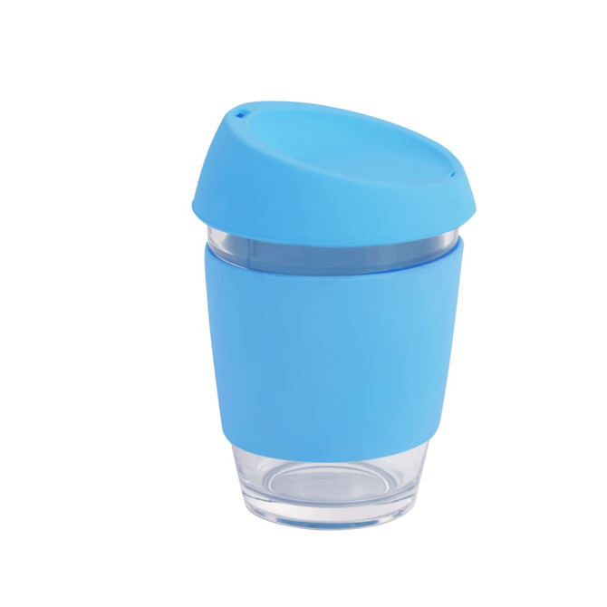 A reusable glass coffee cup in blue with a silicon lid and band, featuring a branded logo.
