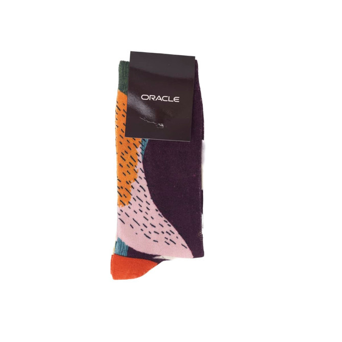 Crew sublimated socks in a multicolour design featuring shades of purple, orange, green, and blue, with a logo.