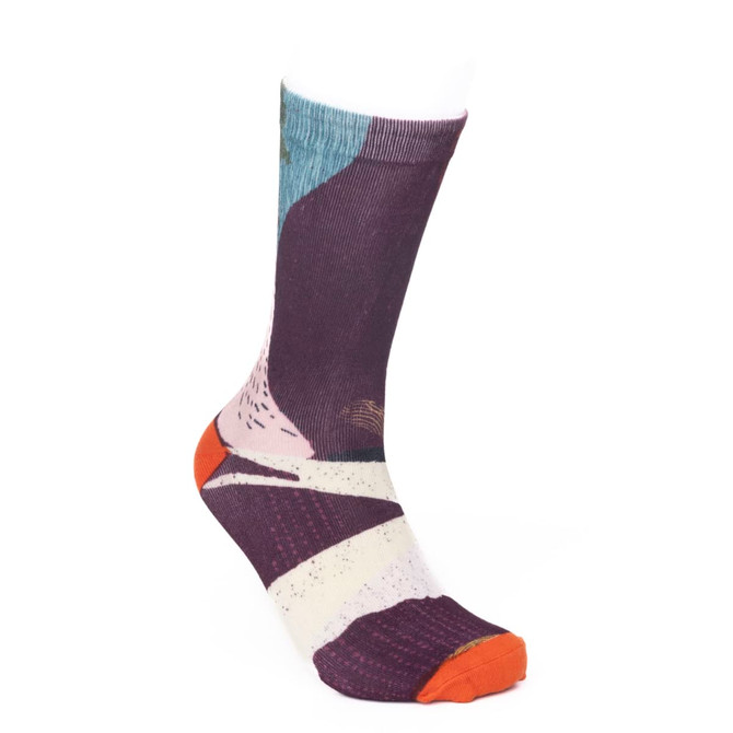 A pair of crew sublimated socks in purple, featuring abstract designs with orange, pink, and blue accents.