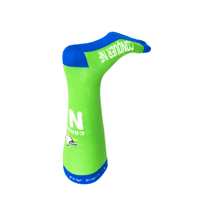 Knee high jacquard socks in bright green and blue, featuring a logo.