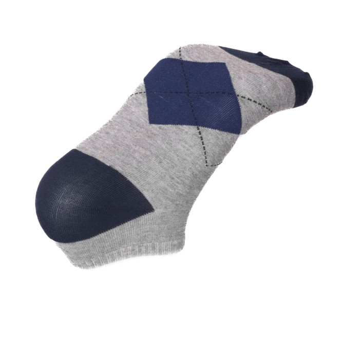 Ankle cut jacquard socks featuring a grey base with navy blue diamond patterns and solid navy toe and heel sections.