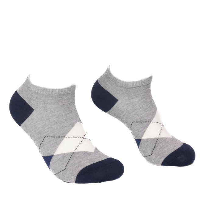 Ankle cut jacquard socks in grey, navy, and white with a geometric pattern. Features branding.