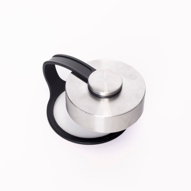 A drink bottle lid in stainless steel with a black handle and silicone grip.