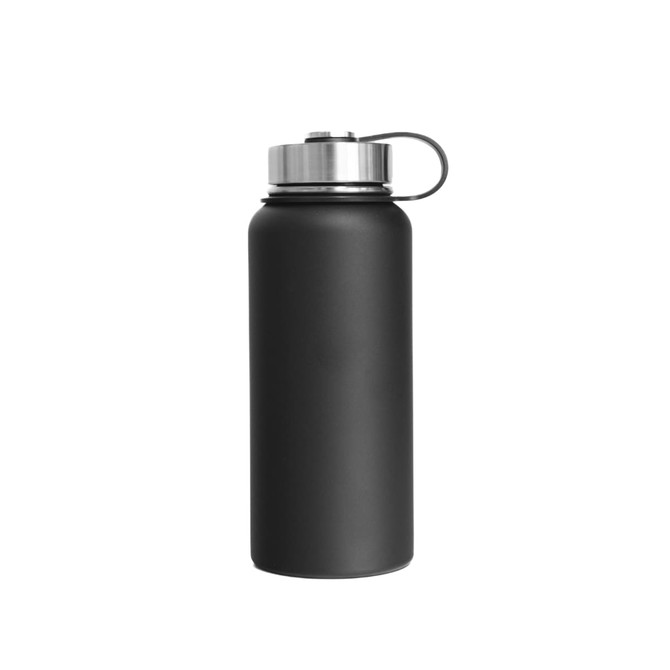 A drink bottle made of stainless steel with a matte black finish and a silver lid, featuring a handle.
