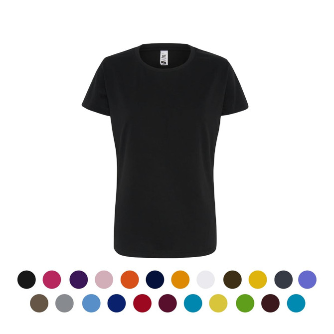 A black women's essential tee is displayed, with a variety of colour options arranged below it. The product features a branding logo.
