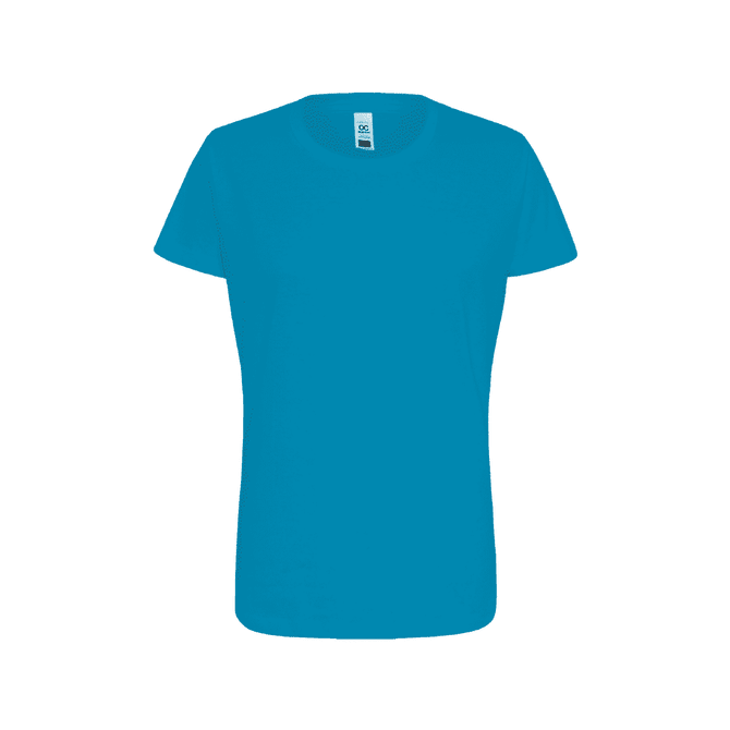 A turquoise women's essential t-shirt with a round neckline and short sleeves, featuring a logo on the tag.