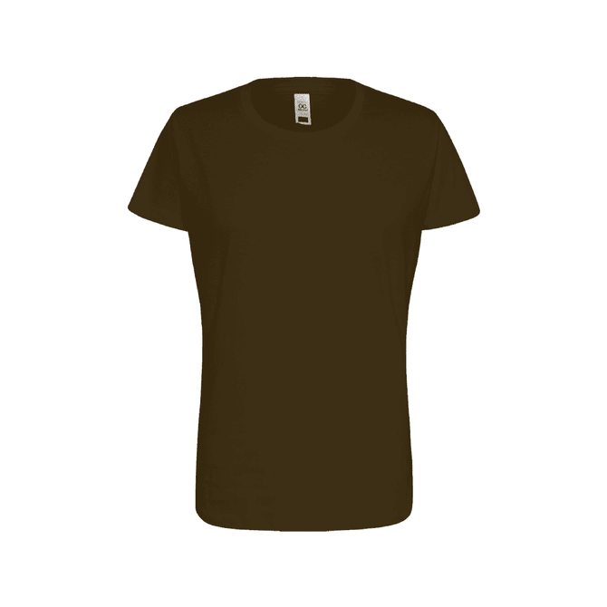 A women's essential tee in dark brown with a simple design and a logo on the label.