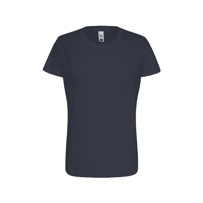 A navy blue women's essential t-shirt with a short sleeve and a classic fit. It features a logo.