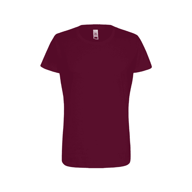 A maroon women's essential tee with a classic short-sleeve design, featuring a label inside.