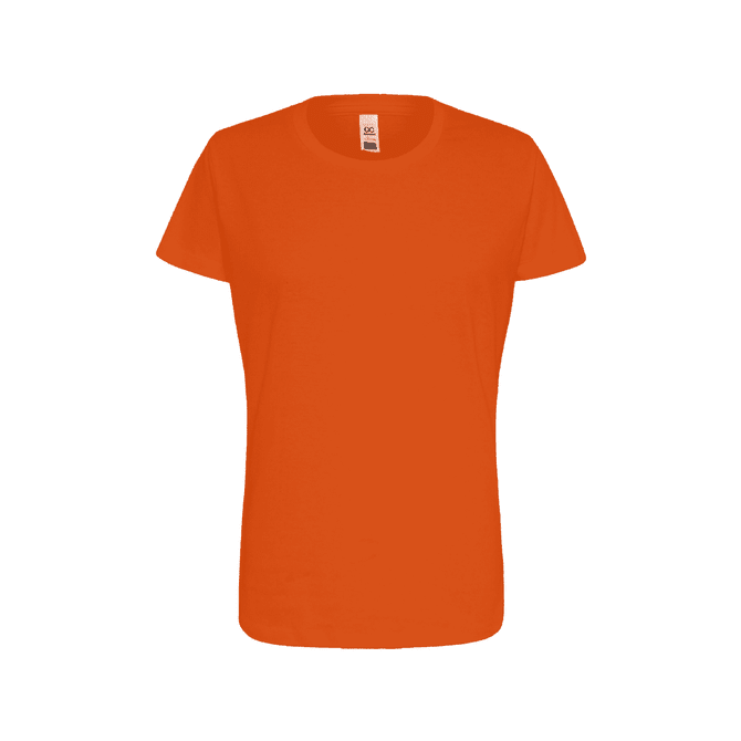 An orange women's t-shirt with a round neckline and short sleeves. It features a logo on the label.