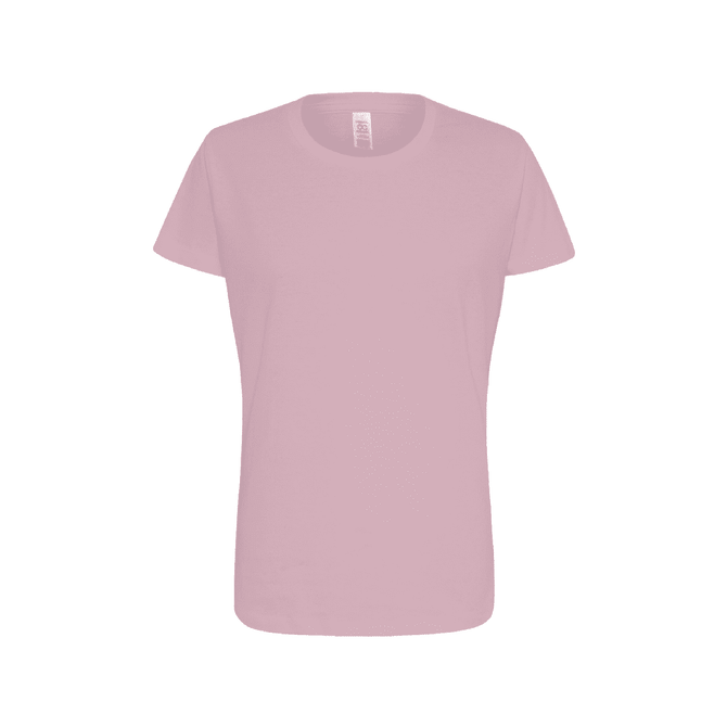 A pink women's essential tee with short sleeves, featuring a simple design and a branding label.