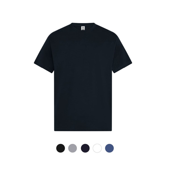 A black t-shirt with a classic crew neck design. Available in multiple colours with a logo on the label.
