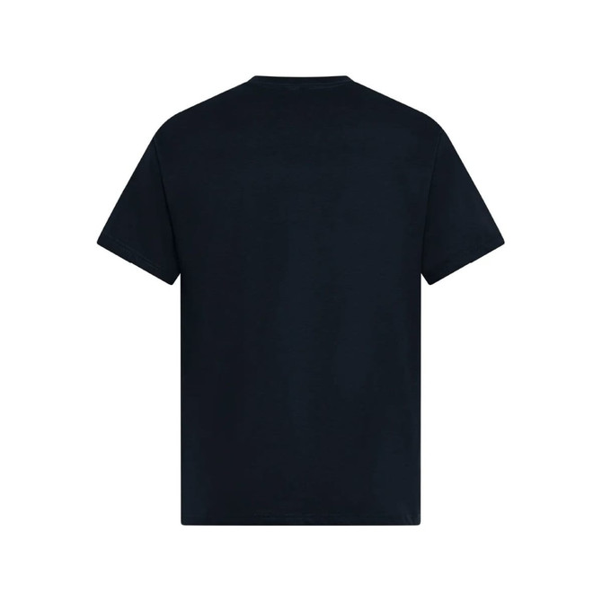 A black men's t-shirt with a standard crew neck and short sleeves. It features a logo on the back.