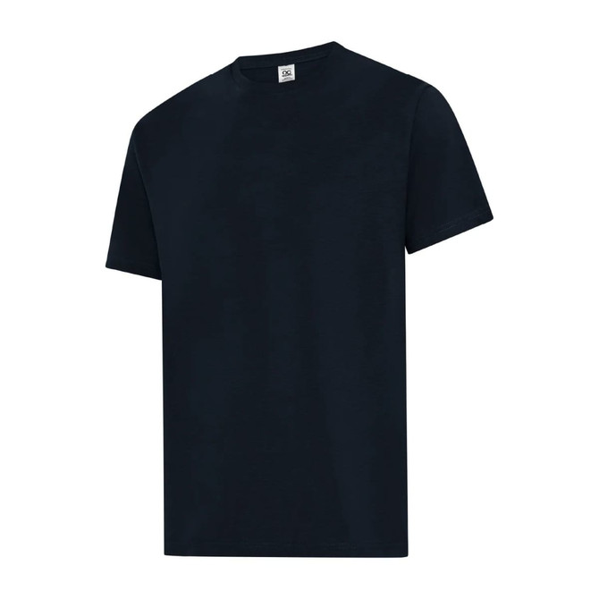 A black men's t-shirt featuring short sleeves and a crew neck, with a logo on the label.