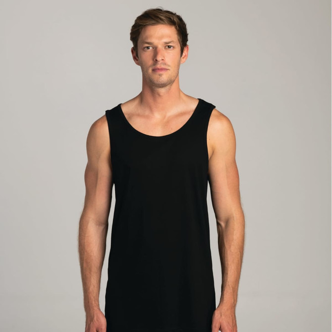 A black men's singlet in a simple, sleeveless design. It has a logo on it and features a plain background.