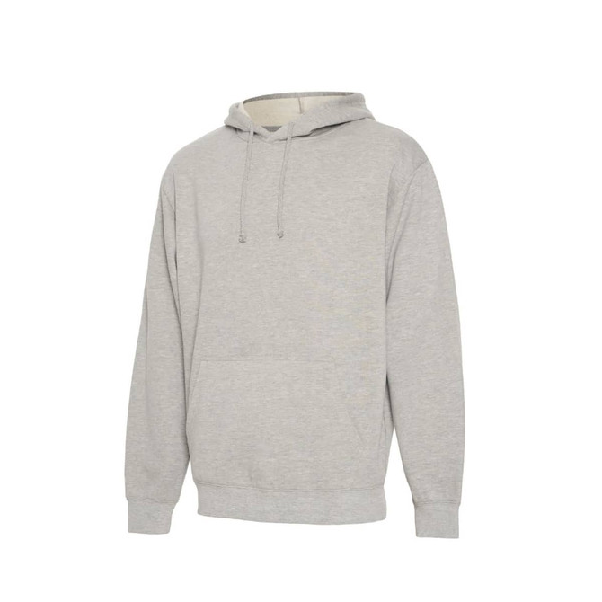 A grey hoodie with a front pocket and a drawstring hood. It features a logo on the front.