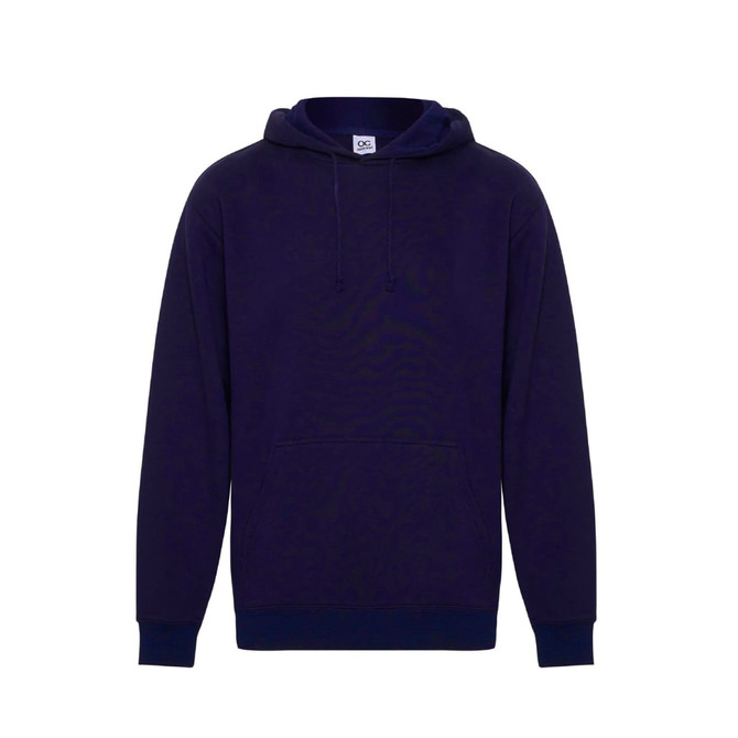 A navy blue hoodie with a front pocket and a drawstring hood. It features a logo.