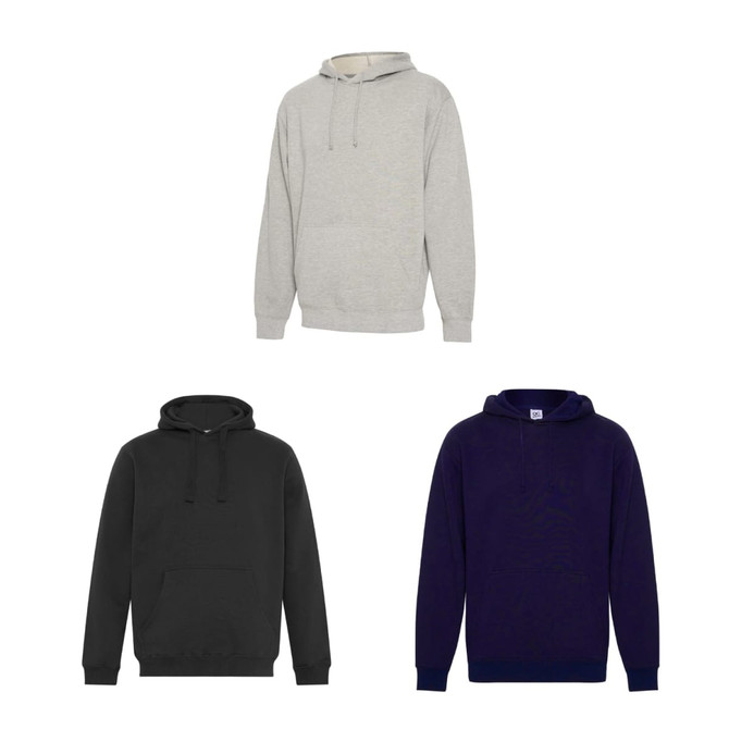 A collection of three hoodies in grey, black, and navy blue, featuring a front pocket and a hood, with a logo on one.