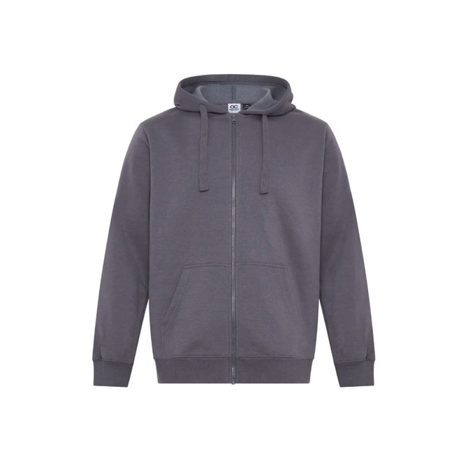 A grey full-zip hoodie featuring a hood and front pockets, with a logo on the tag.