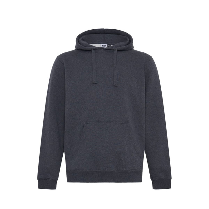 A dark grey hoodie with a front pocket and a drawstring hood. The product features a logo on the tag.