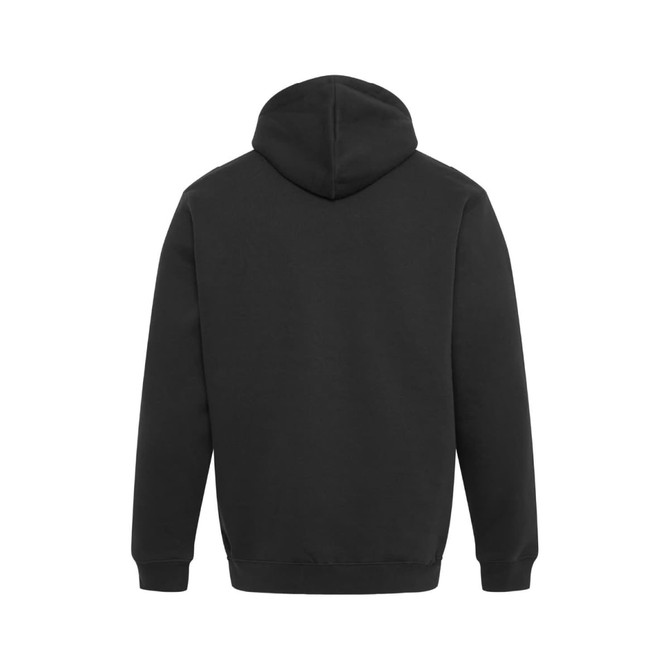 A black hoodie with a spacious hood and ribbed cuffs, featuring a logo on the back.