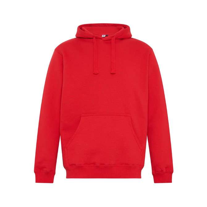 A red hoodie with a front pocket and drawstrings. It features a logo on the front.