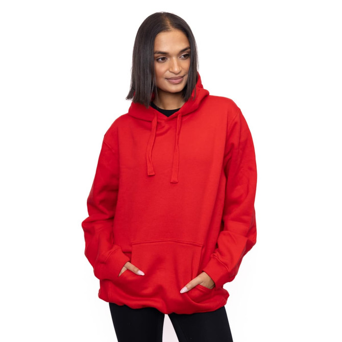 A red hoodie with a front pocket, featuring a hood and a relaxed fit. It has a logo on the front.