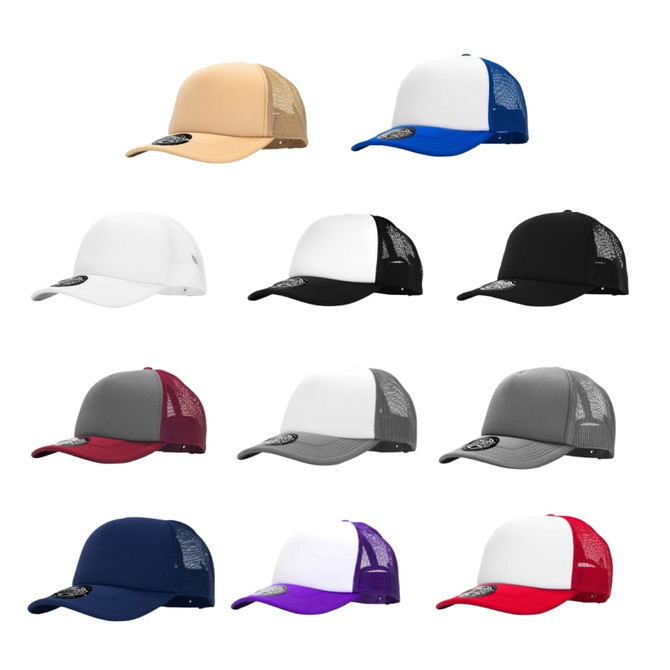 A collection of trucker caps in various colours, including beige, white, blue, black, grey, maroon, navy, and purple. Each features a logo.