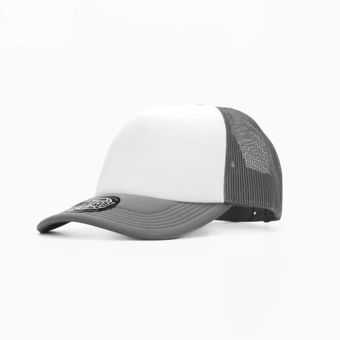 A grey and white cap with a mesh back and a logo on the front.