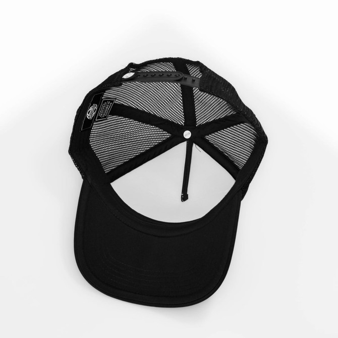 A black cap with a mesh back, featuring a branding logo inside.