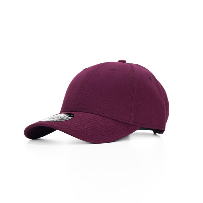 A maroon cap with a curved brim and an adjustable strap, featuring a logo on the front.