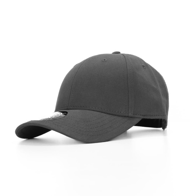 A black cap featuring a curved brim and an adjustable strap at the back, with a logo present.