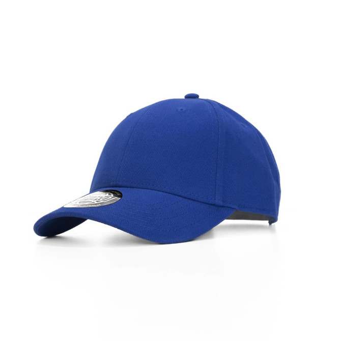 A blue cap with a curved brim and an adjustable strap, featuring a logo on the front.