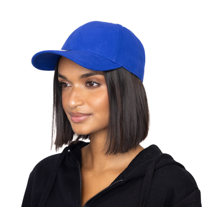 A blue baseball cap with a curved peak and a logo, worn by a model against a white background.