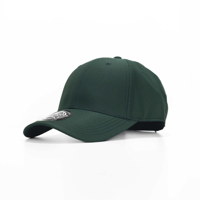 A green cap with a structured design, featuring a logo on the side and a curved brim.