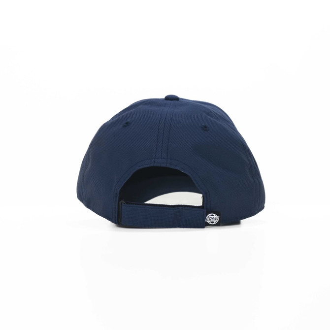 A navy blue cap with a rear adjustable strap and a logo on the side.