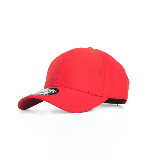 A red cap with a curved brim and a logo on the side.