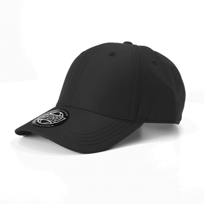 A black cap featuring a logo on the front, designed for headwear promotion.