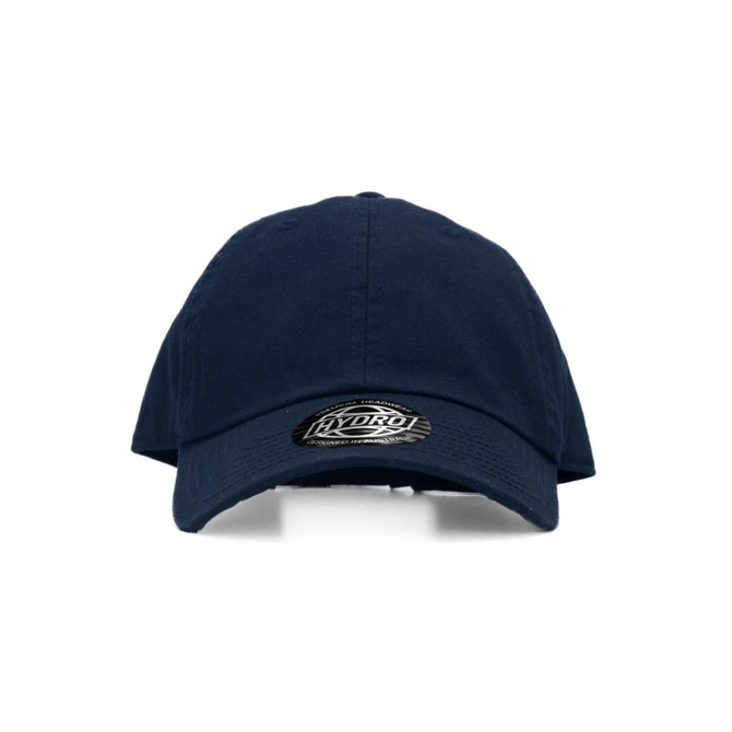 A navy blue cap with a curved brim and a logo on the front.