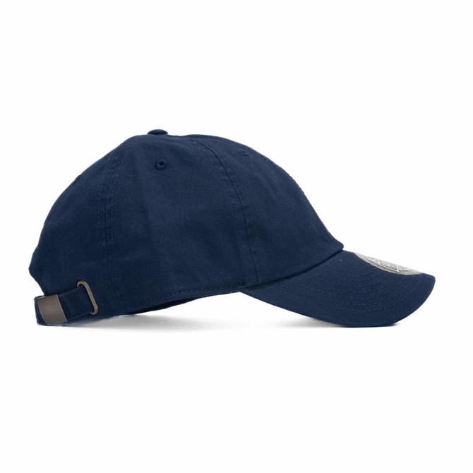 A navy cap featuring a branded logo, with an adjustable strap at the back.