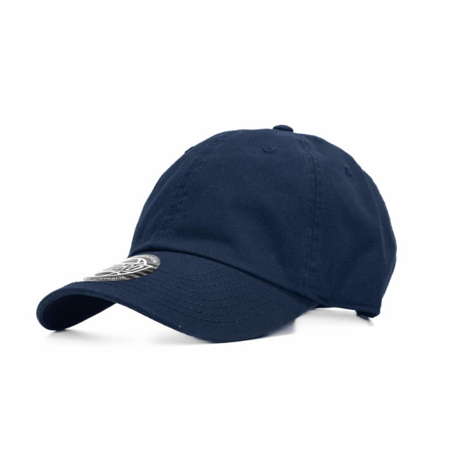 A navy cap with a curved brim and a logo on the front.