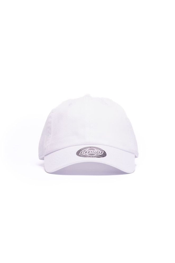 A white cap with a curved brim and a logo on the front side. The cap features a classic design.