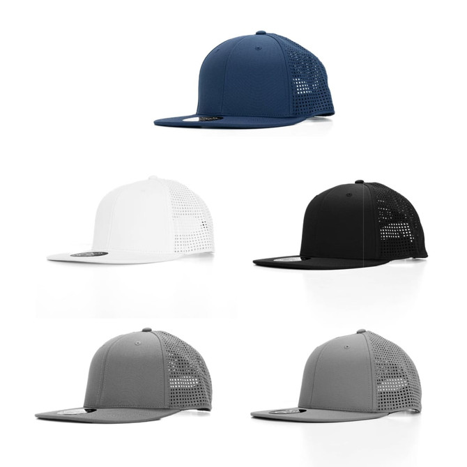 A collection of caps in navy, white, black, and grey, featuring mesh panels and a logo on the front.