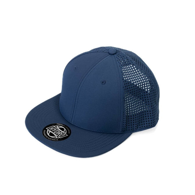 A navy cap with a solid front and mesh panels, featuring a round logo on the brim.